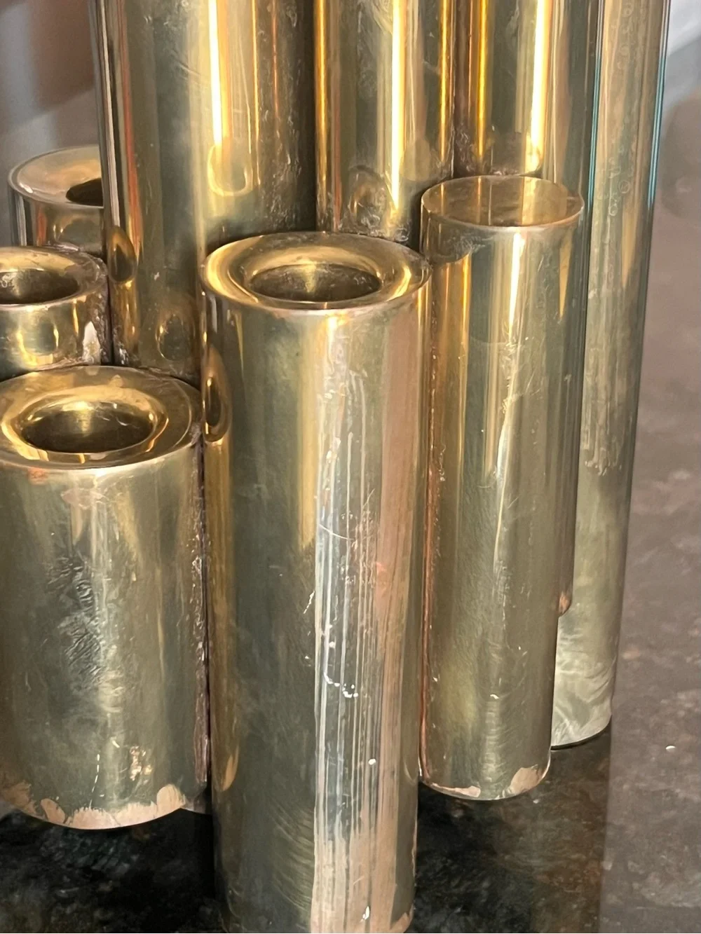 Vintage 1960’s modernist stacked tubular brass candelabra attributed to Gio Pont